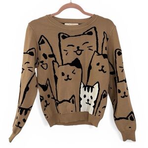 Lizette Collection Brown Cute Cat Print Sweater Beige Crewneck Medium
